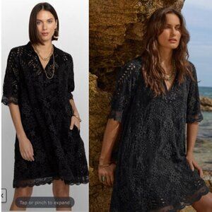 Johnny Was Dress Malfi Knee Length Button Down in Black Eyelet